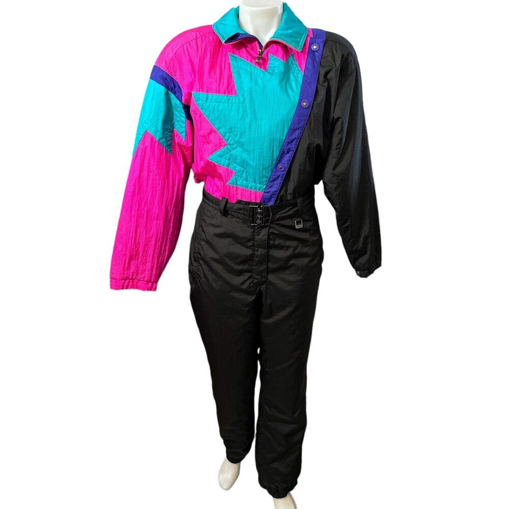 Vintage Fera Ski Snow Suit Womens Size 10 Retro 70s Neon Pink, Teal & Purple